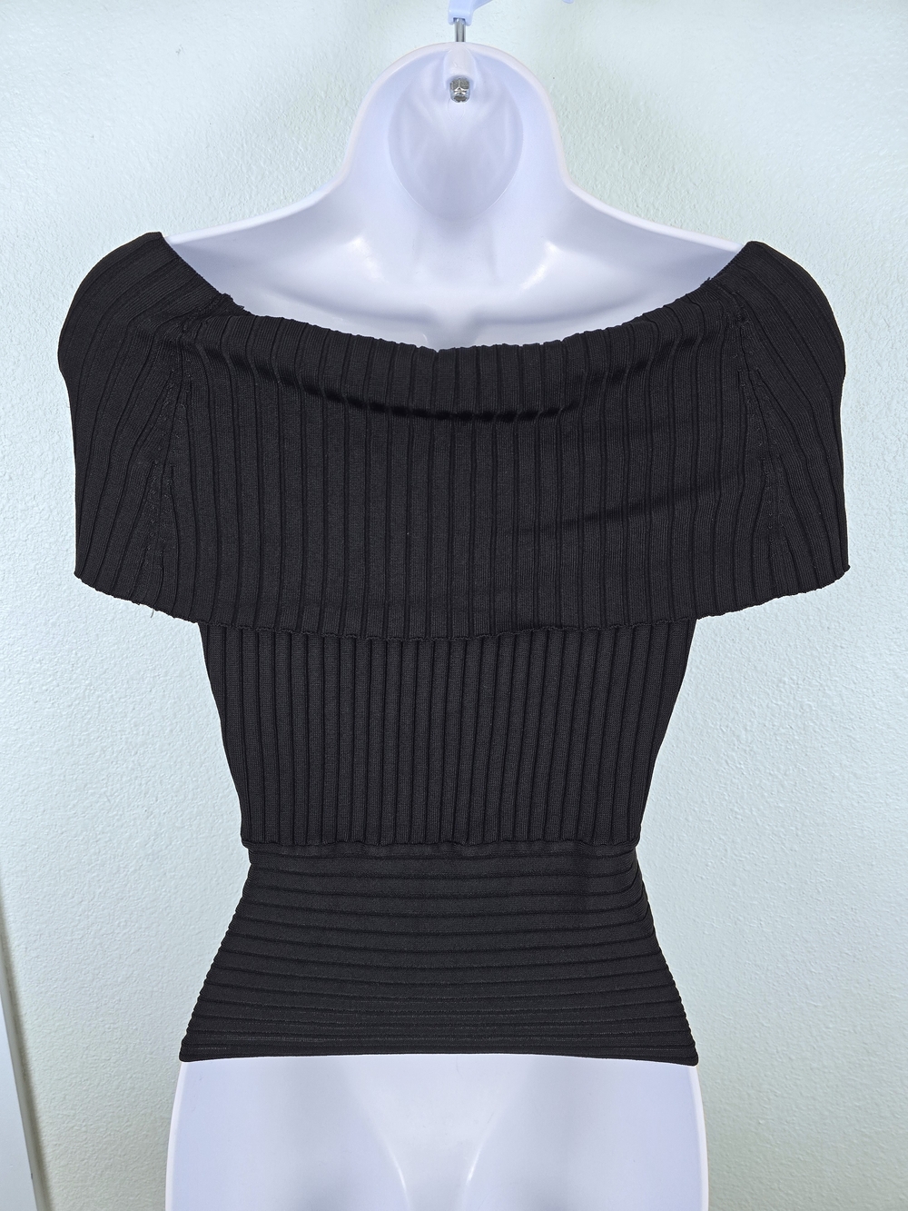 White House Black Market | Black Ribbed Off Shoulder Tie Waist Top Size S - Picture 2 of 12